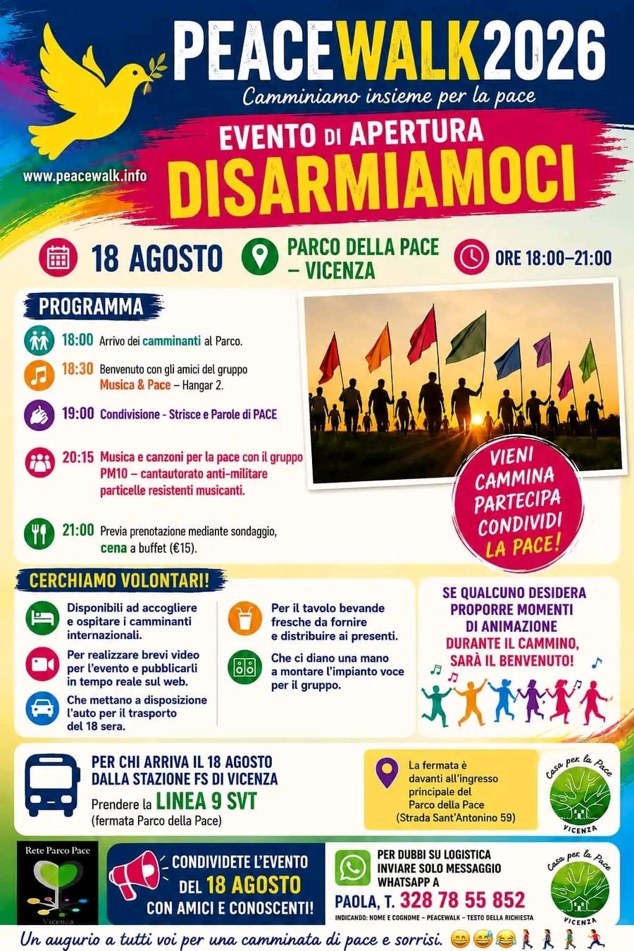 Locandina Peace Walk 2026 – evento di apertura Disarmiamoci al Parco della Pace di Vicenza, 18 agosto