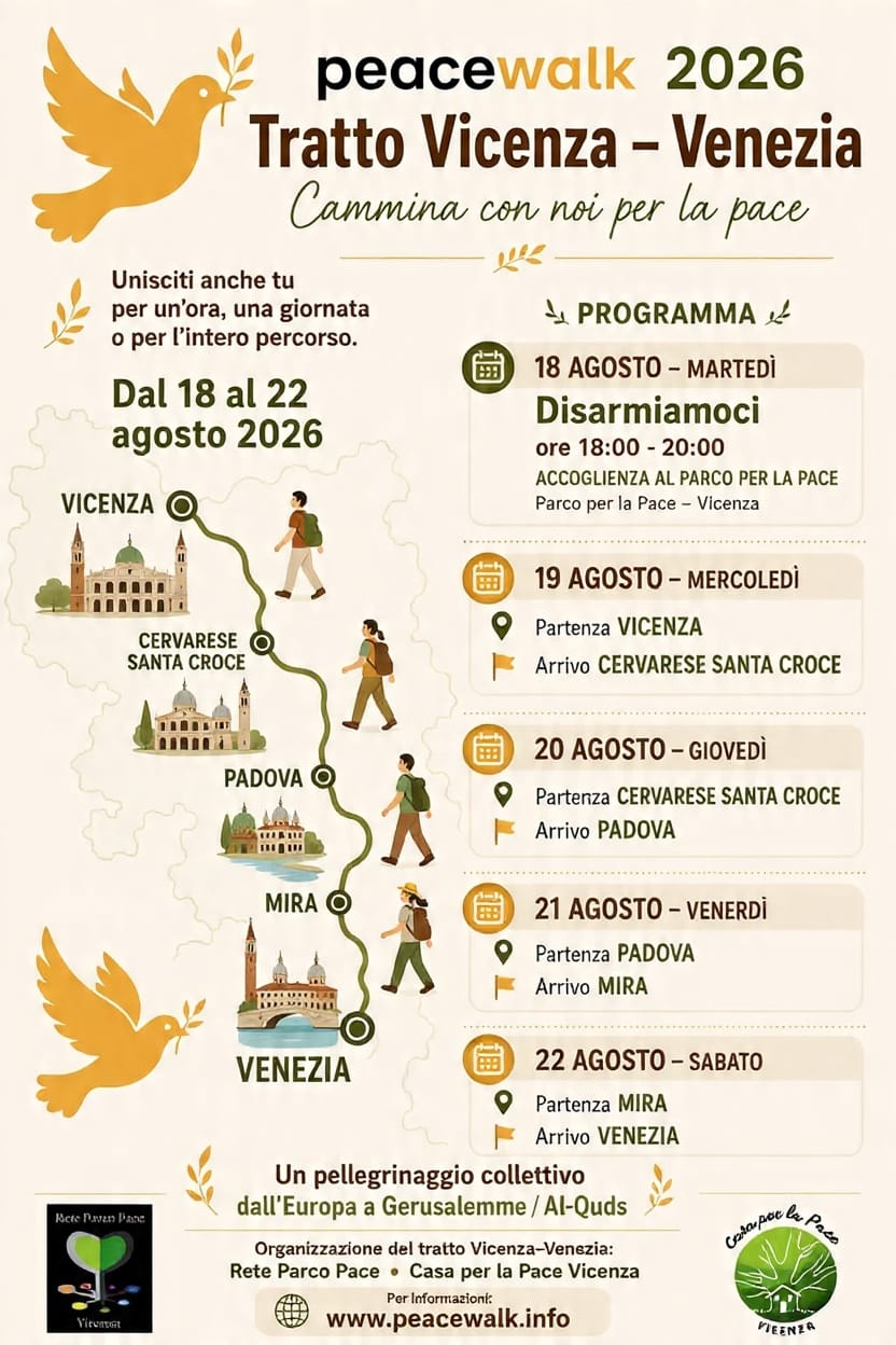 Locandina Peace Walk 2026 – programma del tratto Vicenza–Venezia, dal 18 al 22 agosto