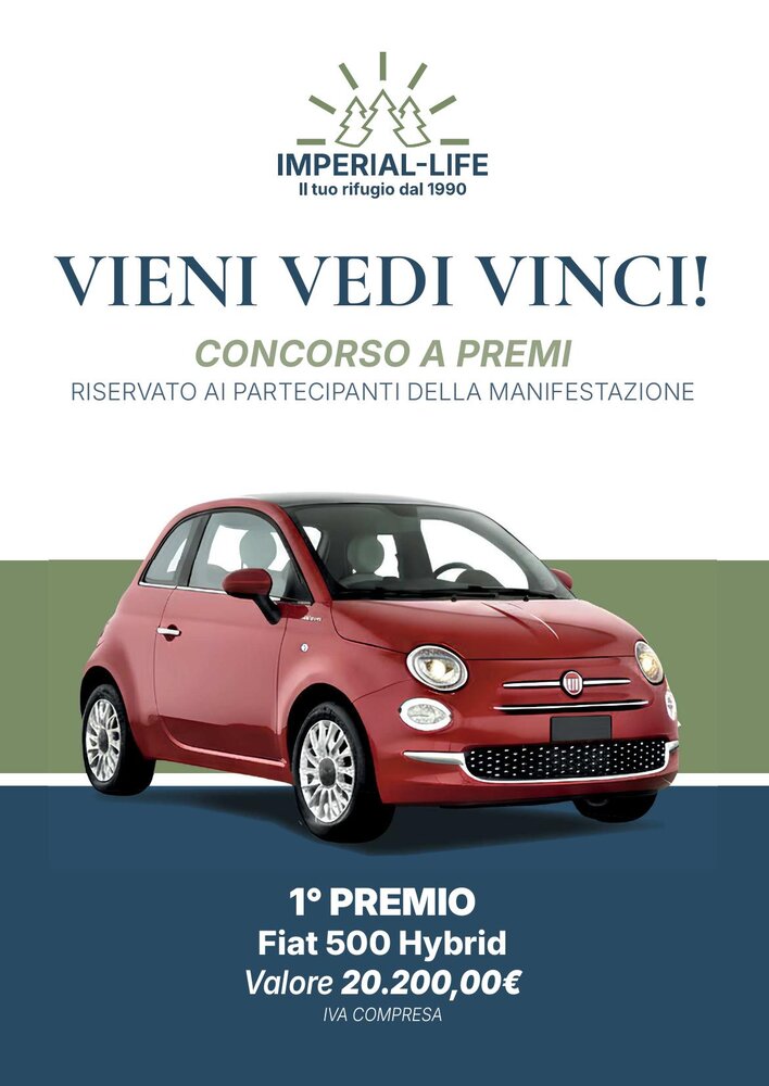 Locandina del concorso a premi Vieni Vedi Vinci di Imperial-Life: primo premio Fiat 500 Hybrid